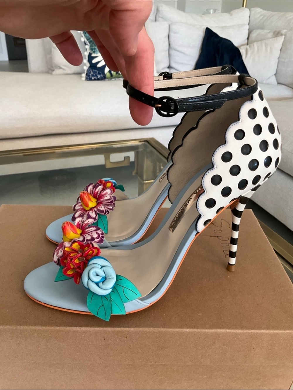 Sophia Webster Polka-dot Lilico blue, black white floral ankle strap Heels, 39 - Picture 2 of 12